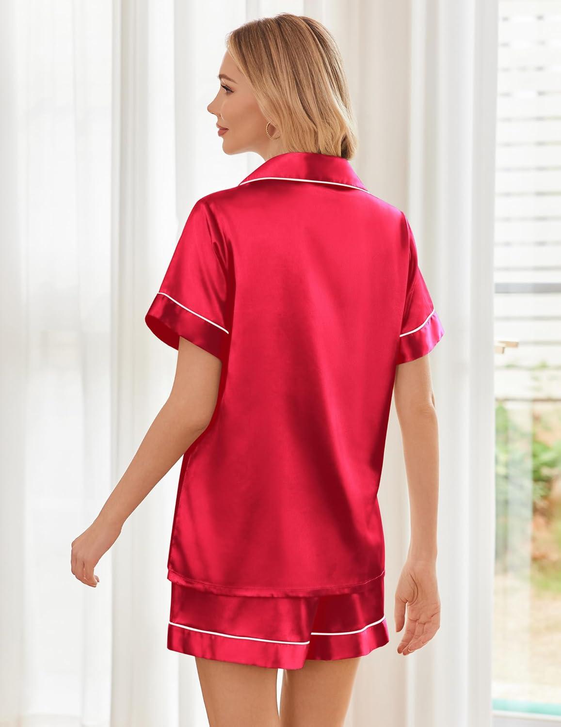 imageEkouaer Womens Silk Satin Pajama Sets Soft Short Sleeve Button Down Sleepwear Top and Shorts 2 Piece Pjs Lounge SetRed