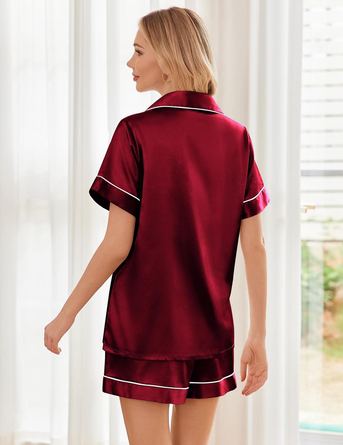 imageEkouaer Womens Silk Satin Pajama Sets Soft Short Sleeve Button Down Sleepwear Top and Shorts 2 Piece Pjs Lounge SetWine Red