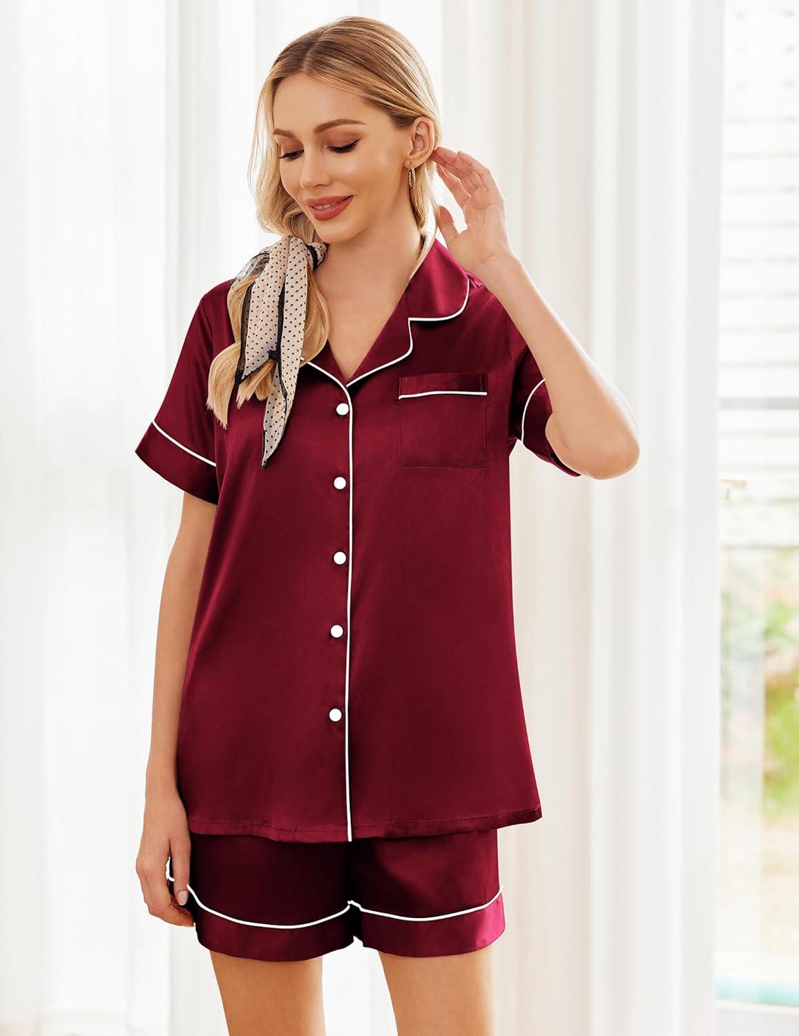 imageEkouaer Womens Silk Satin Pajama Sets Soft Short Sleeve Button Down Sleepwear Top and Shorts 2 Piece Pjs Lounge SetWine Red