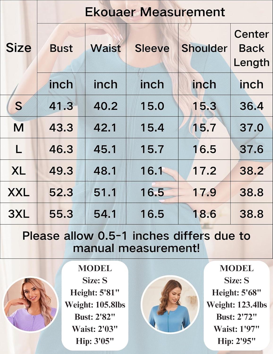 imageEkouaer Zip Up Robes for Women Short Waffle Bathrobe Lightweight house coat 34 Sleeve Soft Nightgown with Pockets S3XLBlack