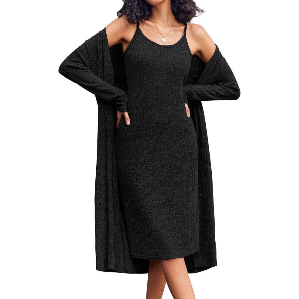 imageEKOUAER Womens Knit Robe Set 2 Piece Nightgown with Robes Long Sleeves Lounge Sets with Pockets S 3XLBlack