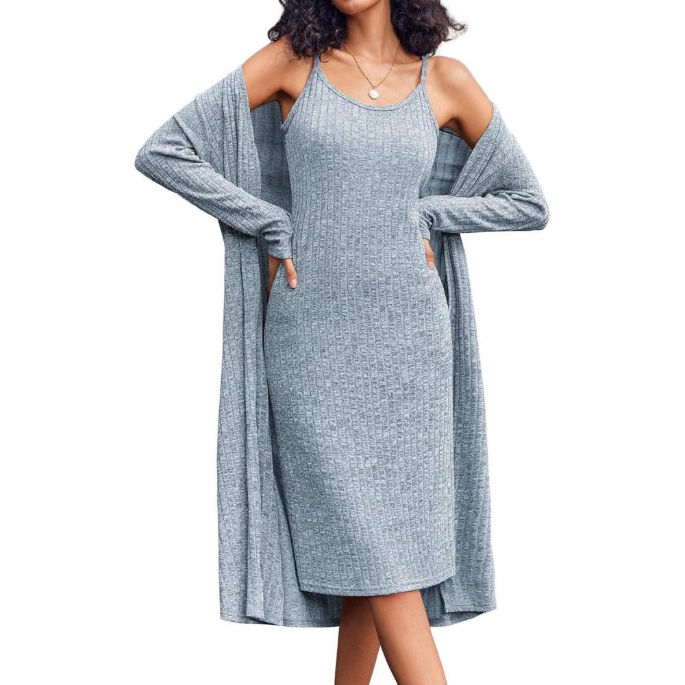 imageEKOUAER Womens Knit Robe Set 2 Piece Nightgown with Robes Long Sleeves Lounge Sets with Pockets S 3XLBlue