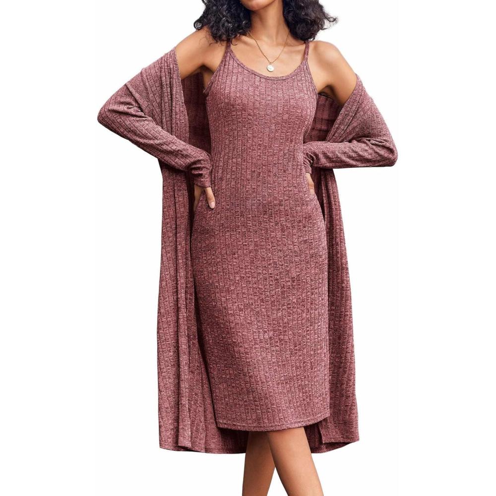 imageEKOUAER Womens Knit Robe Set 2 Piece Nightgown with Robes Long Sleeves Lounge Sets with Pockets S 3XLBurgundy