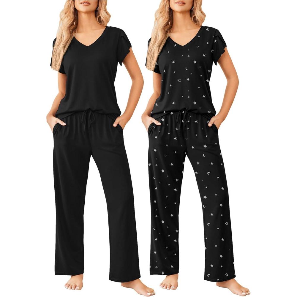 imageEkouaer 2 Pack Womens Pajamas Short Sleeve Sleepwear Top with Pants SuperSoft Printed Lounge Sets SXXLBlackBlack Star