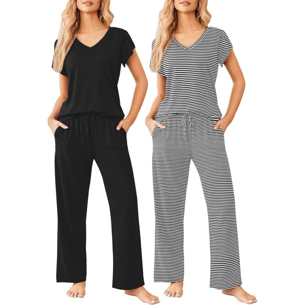 imageEkouaer 2 Pack Womens Pajamas Short Sleeve Sleepwear Top with Pants SuperSoft Printed Lounge Sets SXXLBlackBlack Stripe