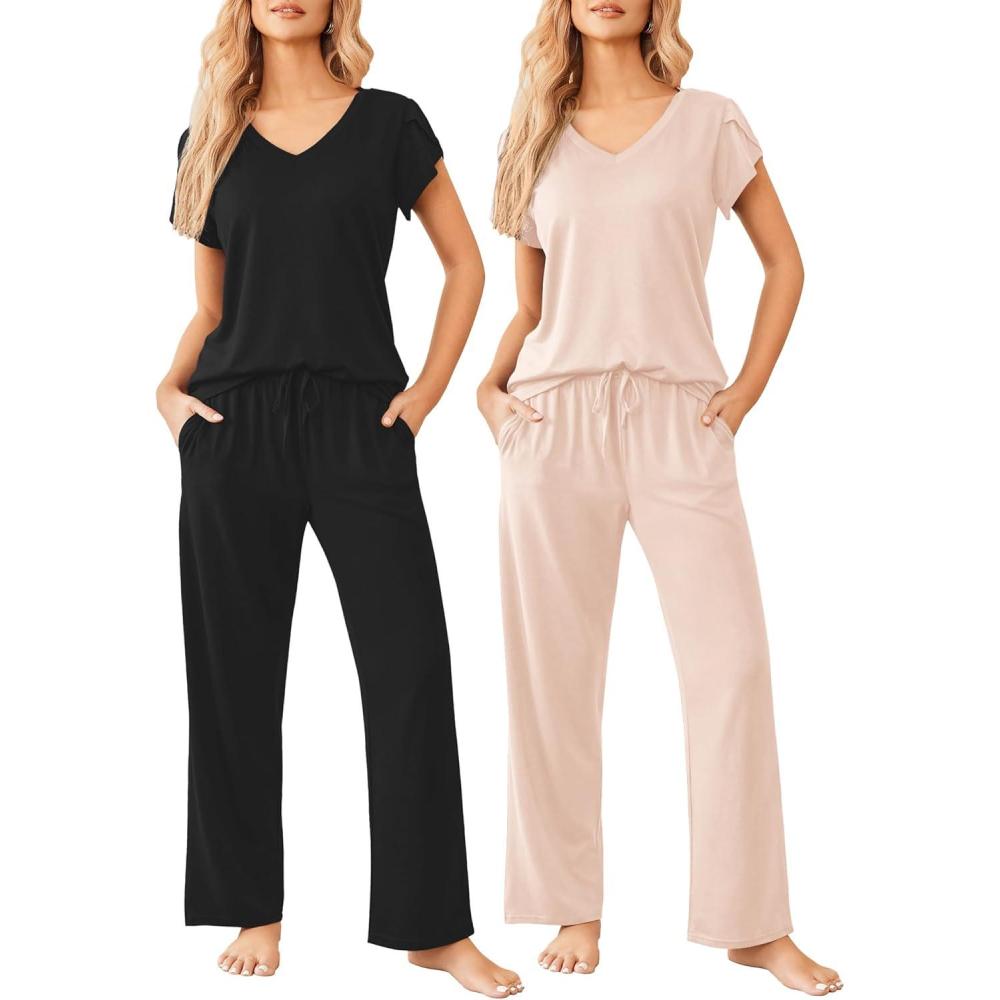 imageEkouaer 2 Pack Womens Pajamas Short Sleeve Sleepwear Top with Pants SuperSoft Printed Lounge Sets SXXLBlackChampagne
