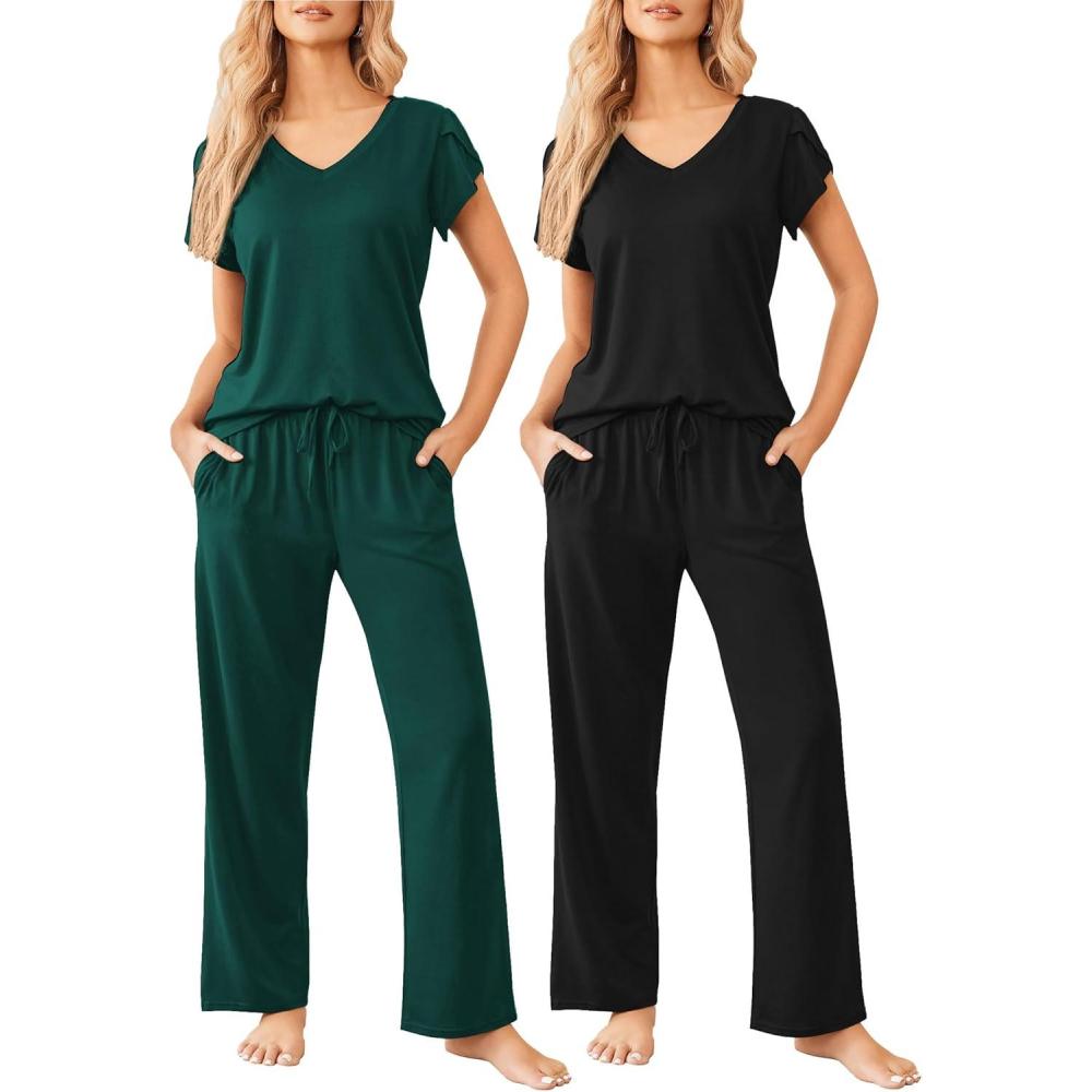 imageEkouaer 2 Pack Womens Pajamas Short Sleeve Sleepwear Top with Pants SuperSoft Printed Lounge Sets SXXLBlackDark Green