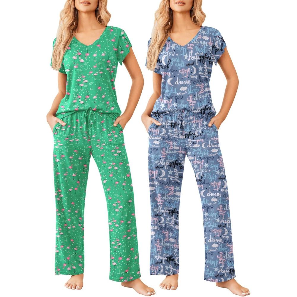 imageEkouaer 2 Pack Womens Pajamas Short Sleeve Sleepwear Top with Pants SuperSoft Printed Lounge Sets SXXLBlue AlphabetGreen Flamingo