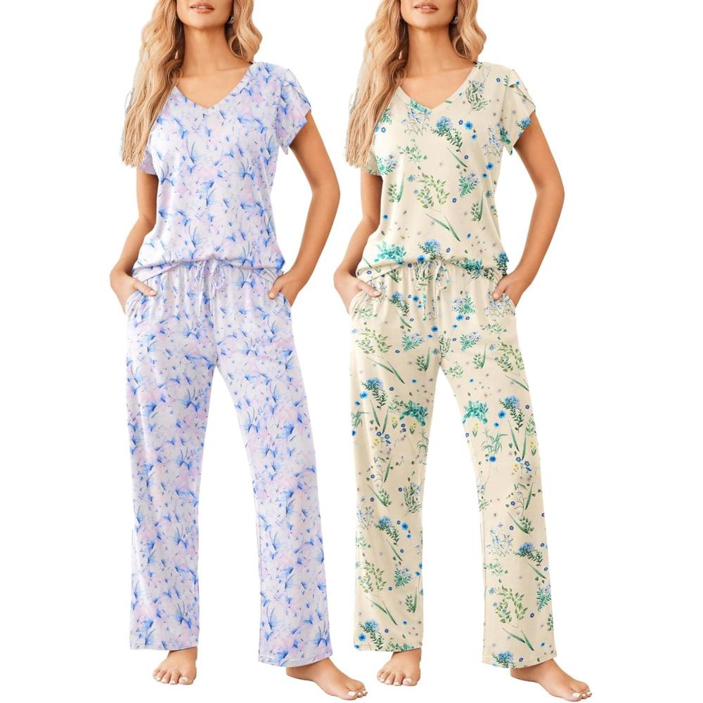 imageEkouaer 2 Pack Womens Pajamas Short Sleeve Sleepwear Top with Pants SuperSoft Printed Lounge Sets SXXLBlue ButterflyBlue Floral