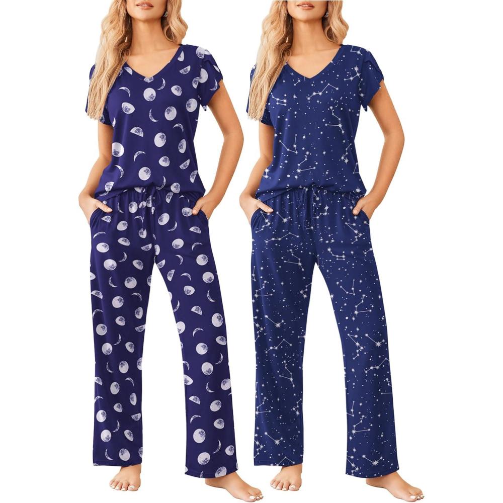 imageEkouaer 2 Pack Womens Pajamas Short Sleeve Sleepwear Top with Pants SuperSoft Printed Lounge Sets SXXLBlue MoonBlue Star