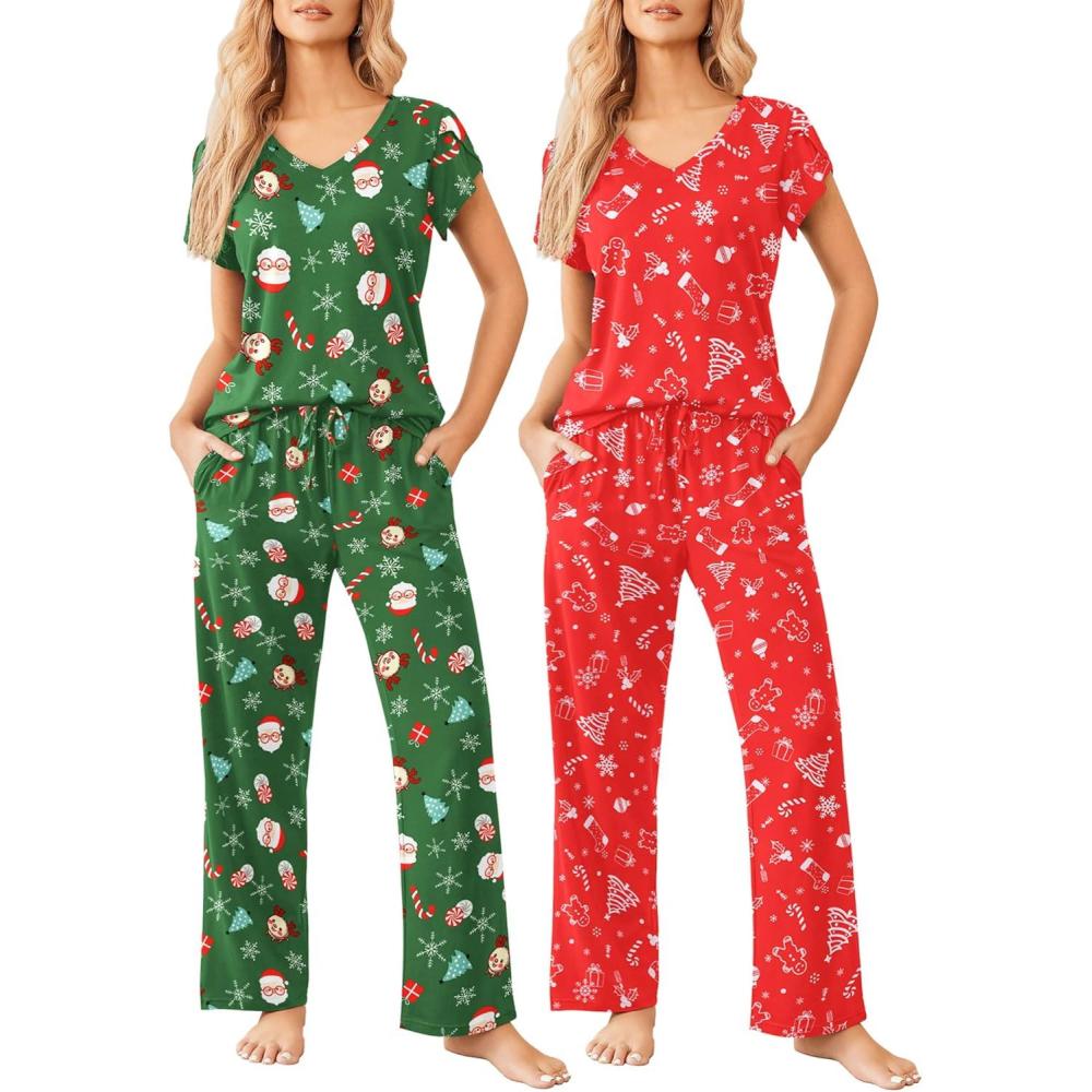 imageEkouaer 2 Pack Womens Pajamas Short Sleeve Sleepwear Top with Pants SuperSoft Printed Lounge Sets SXXLChristmas RedChristmas Green