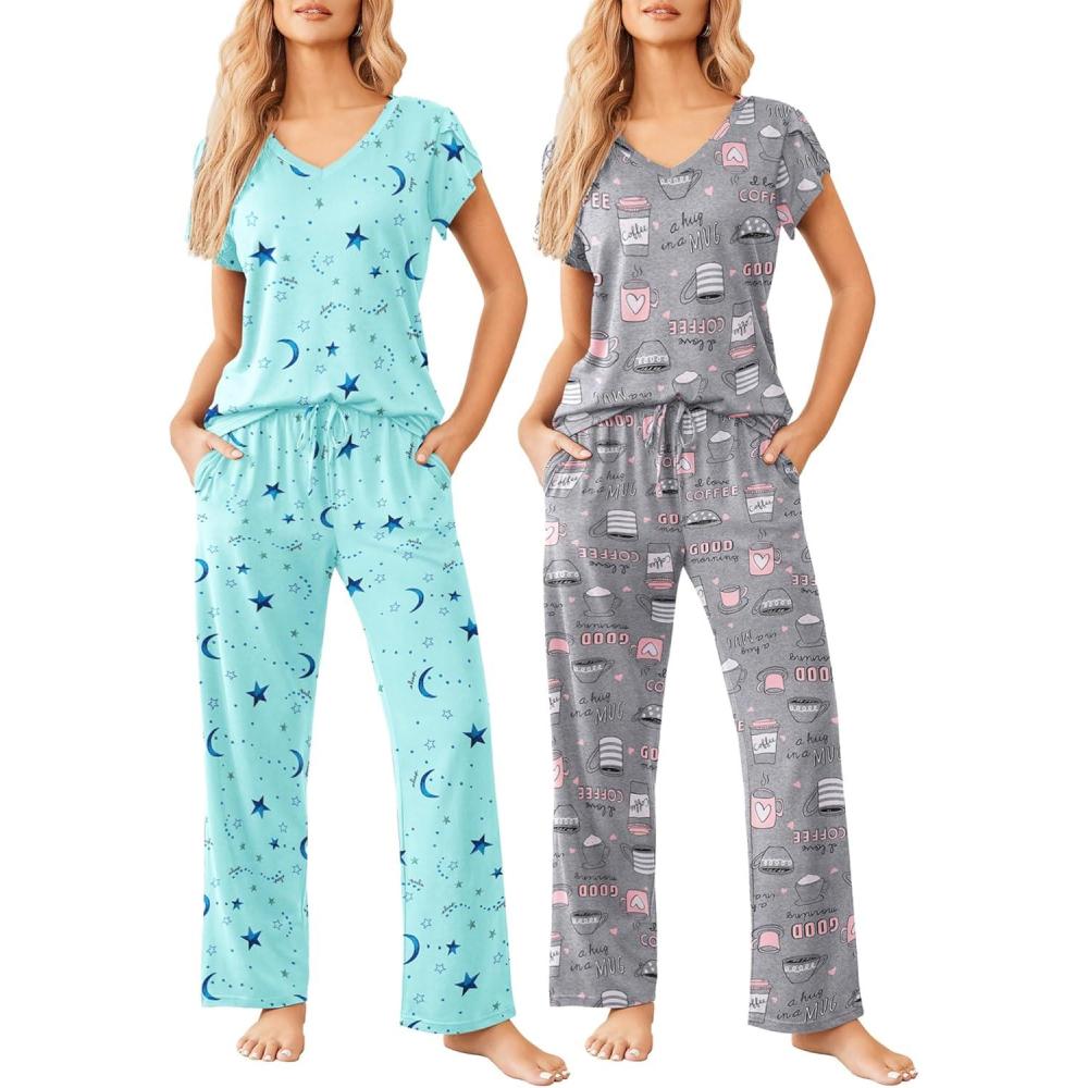imageEkouaer 2 Pack Womens Pajamas Short Sleeve Sleepwear Top with Pants SuperSoft Printed Lounge Sets SXXLCoffee GrayStar Blue