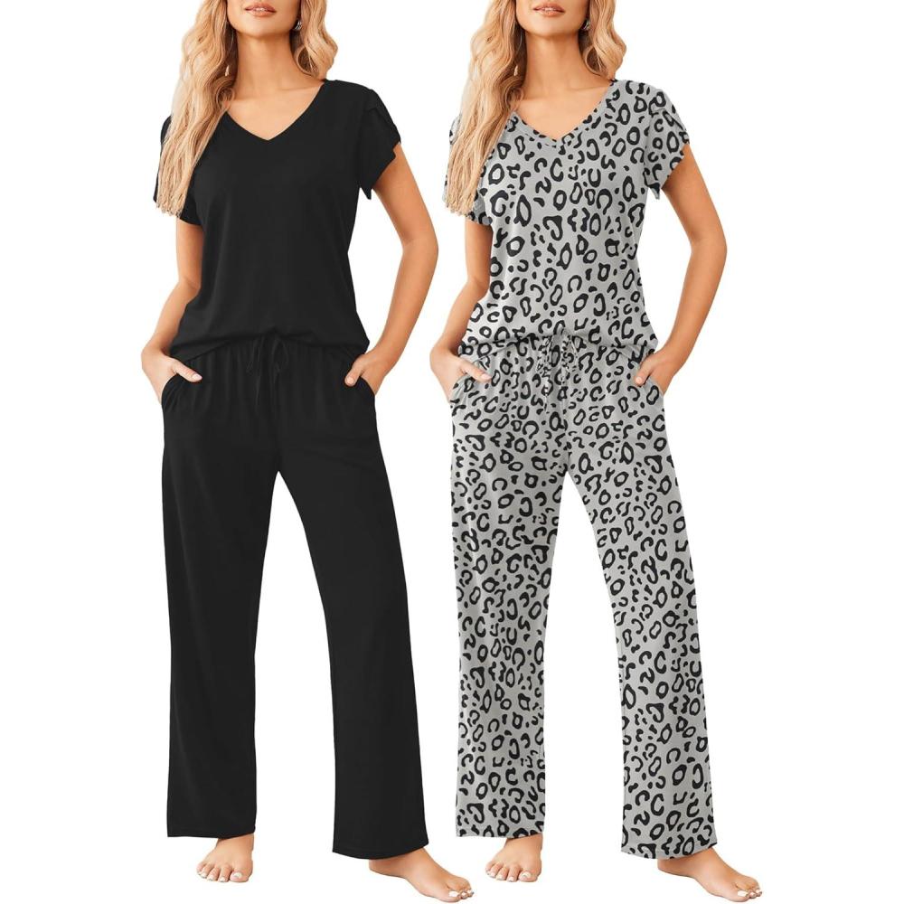 imageEkouaer 2 Pack Womens Pajamas Short Sleeve Sleepwear Top with Pants SuperSoft Printed Lounge Sets SXXLGray LeopardBlack