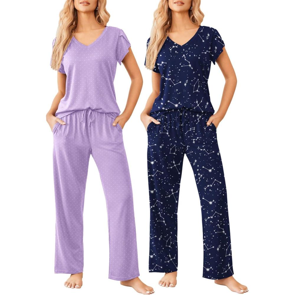 imageEkouaer 2 Pack Womens Pajamas Short Sleeve Sleepwear Top with Pants SuperSoft Printed Lounge Sets SXXLLilac DotsNavy Star