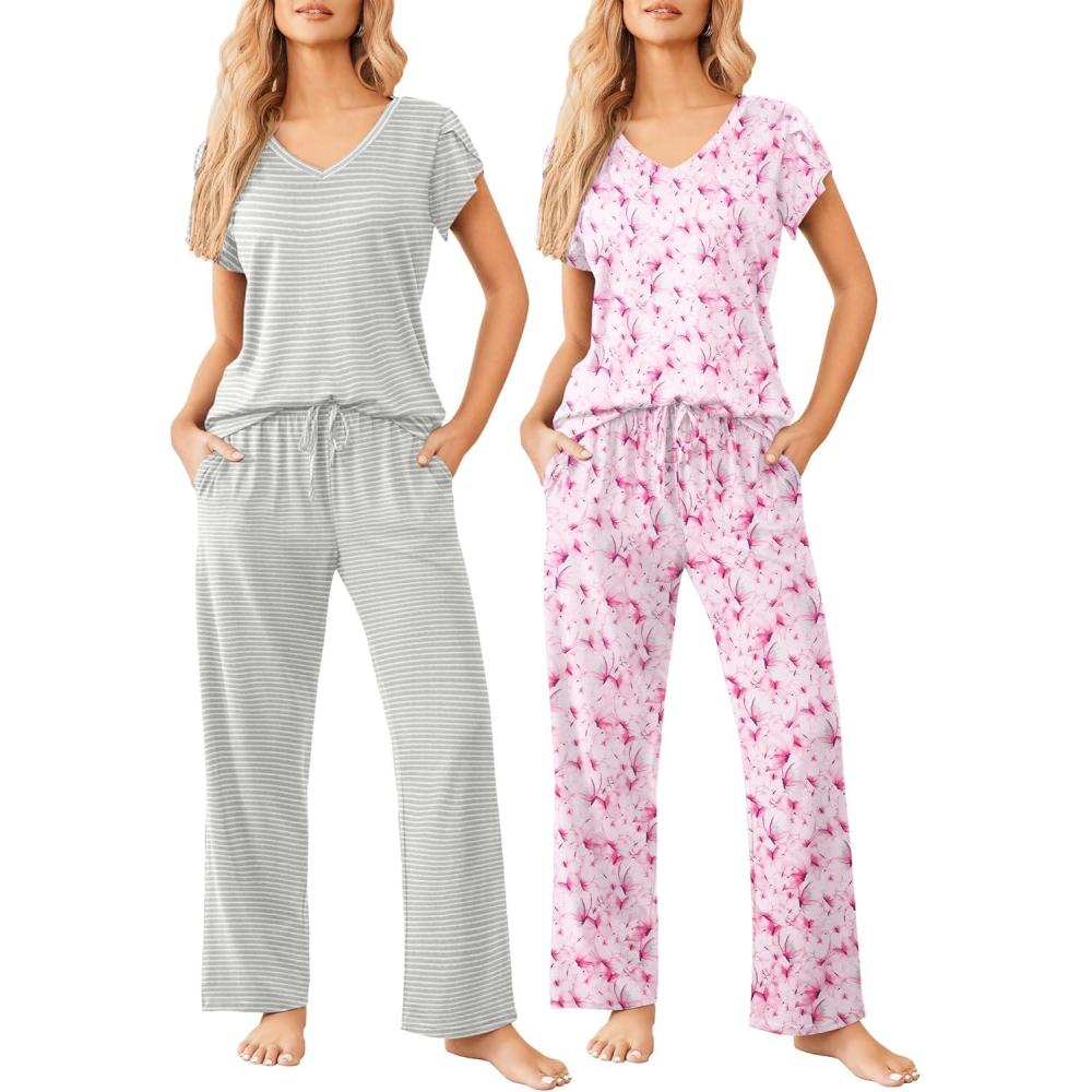 imageEkouaer 2 Pack Womens Pajamas Short Sleeve Sleepwear Top with Pants SuperSoft Printed Lounge Sets SXXLPink White FlowerGray Stripe