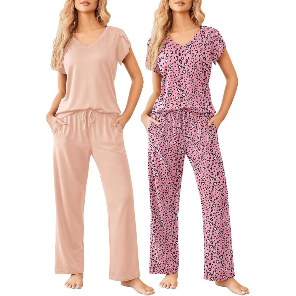 imageEkouaer 2 Pack Womens Pajamas Short Sleeve Sleepwear Top with Pants SuperSoft Printed Lounge Sets SXXLPinkPink Leopard