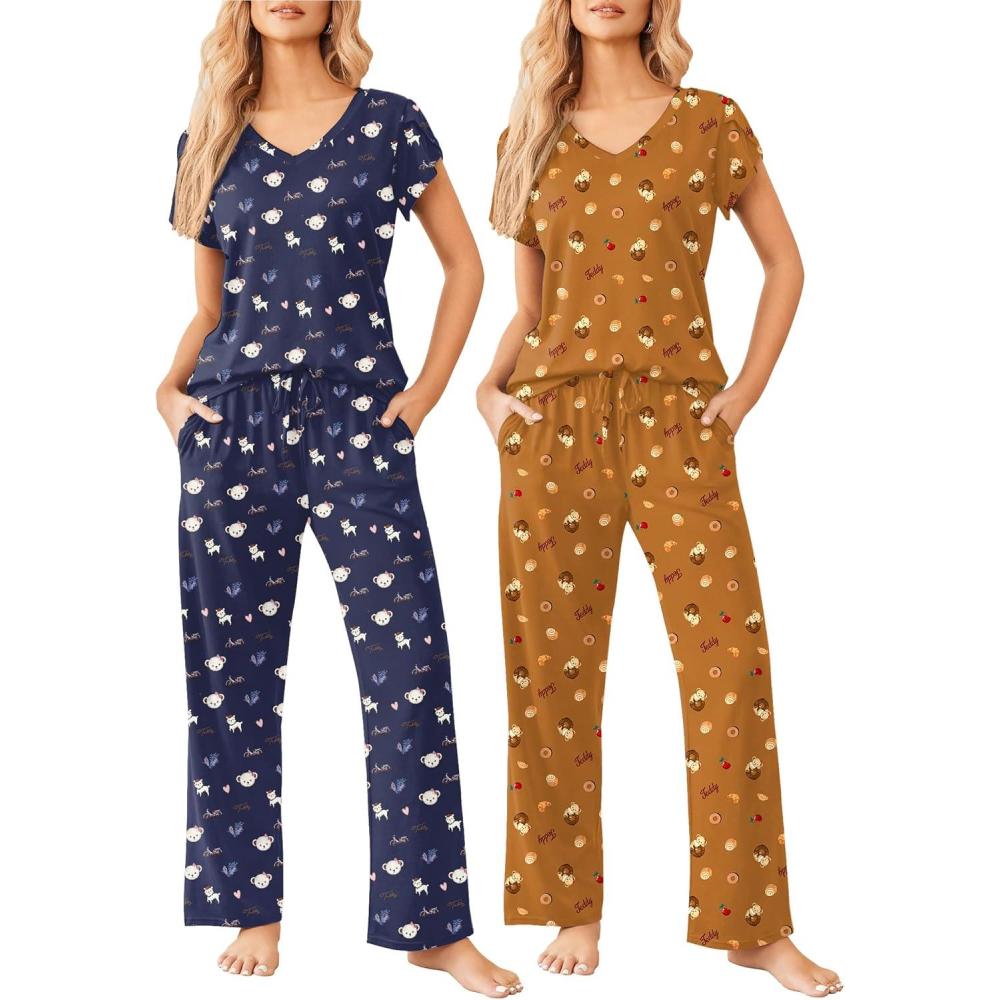 imageEkouaer 2 Pack Womens Pajamas Short Sleeve Sleepwear Top with Pants SuperSoft Printed Lounge Sets SXXLTeddy NavyTeddy Brown