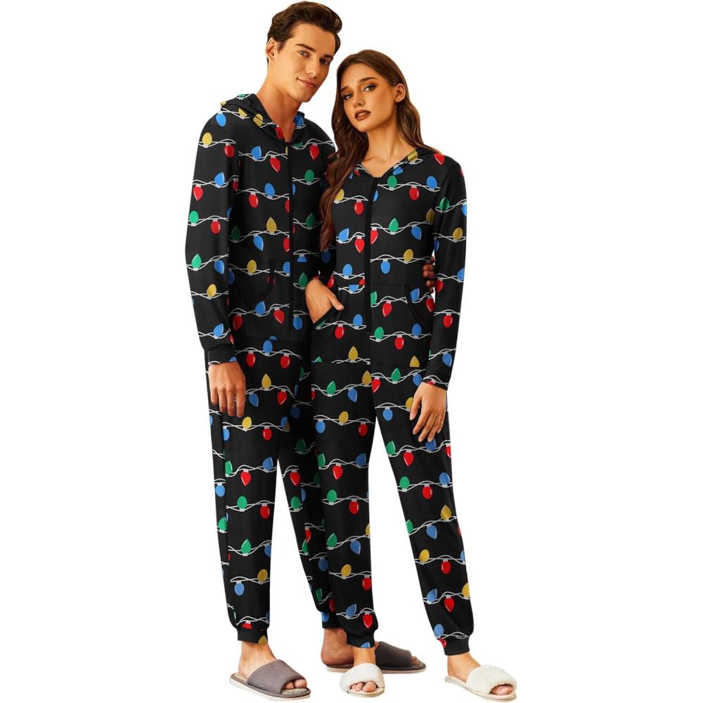 imageEkouaer Christmas Matching Onesie for Couples Zipper One Piece Pajamas Adult Hooded Jumpsuit with PocketsChristmas Lights