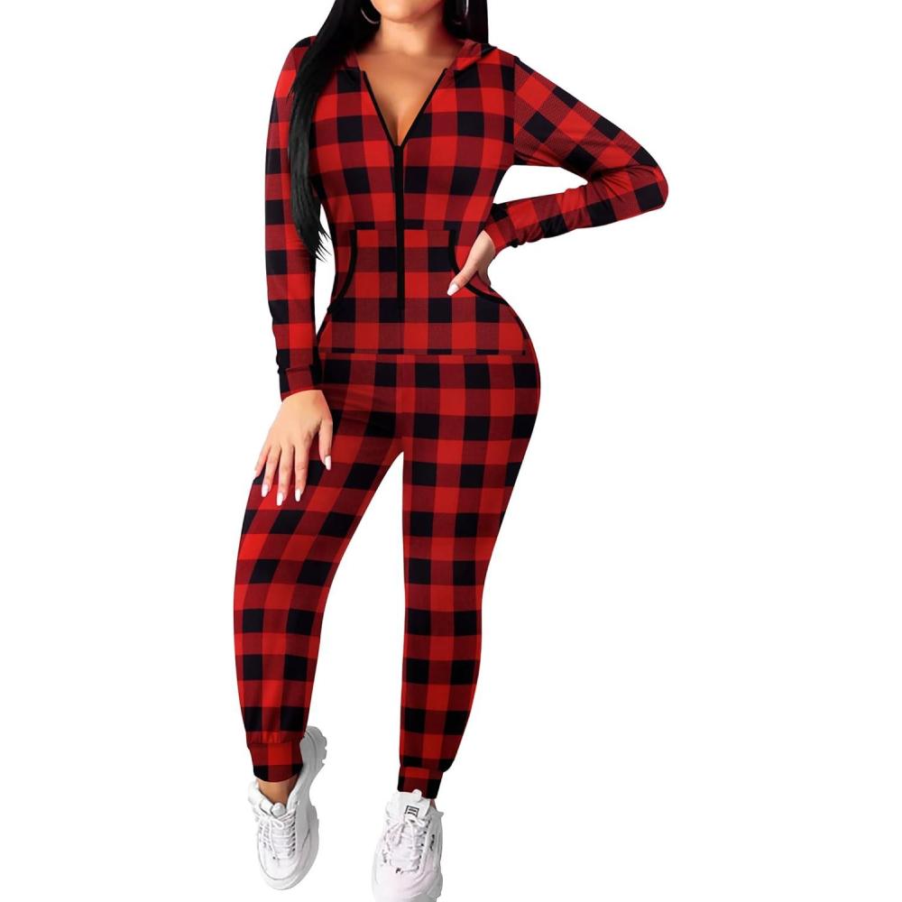 imageEkouaer Christmas Onesie for Women Hooded Jumpsuit Long Sleeve Zip Up One Piece Pajamas Novelty SleepwearBuffalo Plaid