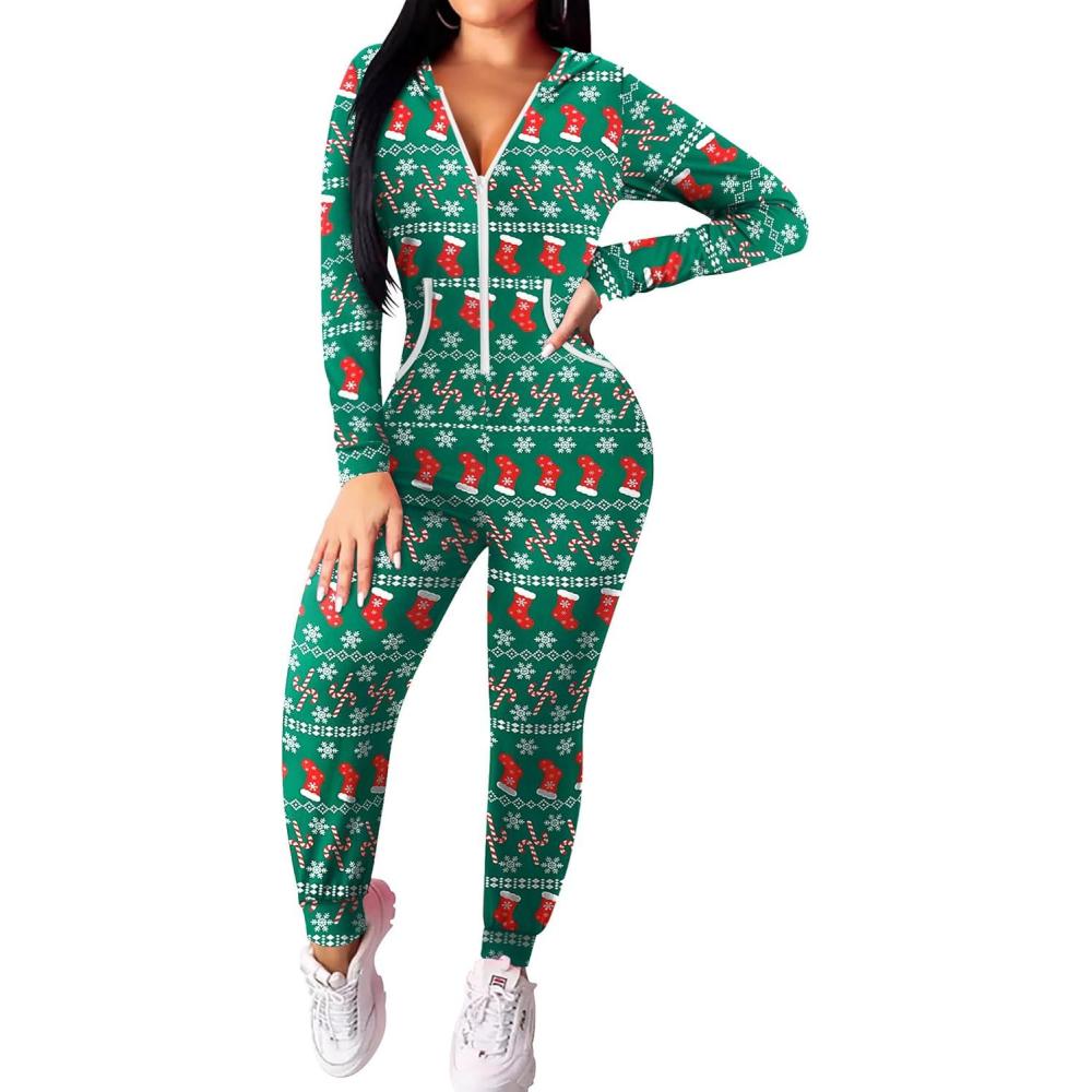 imageEkouaer Christmas Onesie for Women Hooded Jumpsuit Long Sleeve Zip Up One Piece Pajamas Novelty SleepwearChristmas Sock