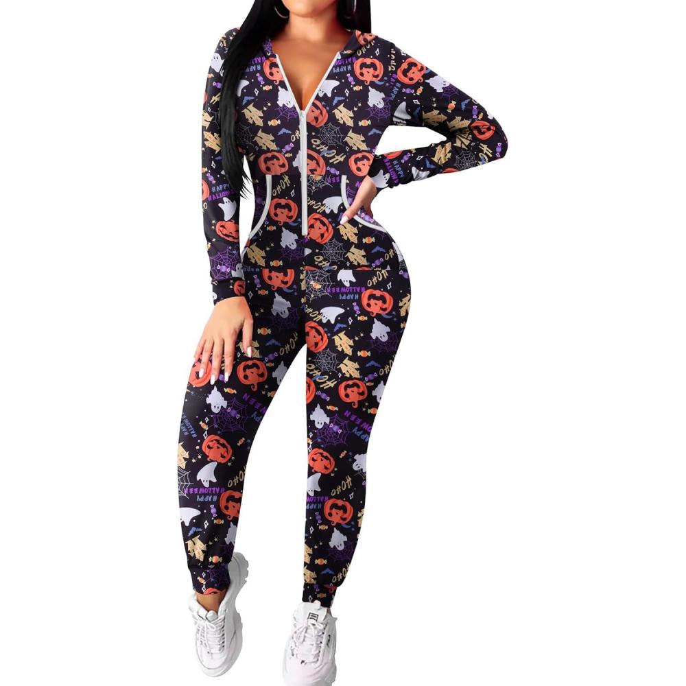 imageEkouaer Christmas Onesie for Women Hooded Jumpsuit Long Sleeve Zip Up One Piece Pajamas Novelty SleepwearHalloween Pumpkin