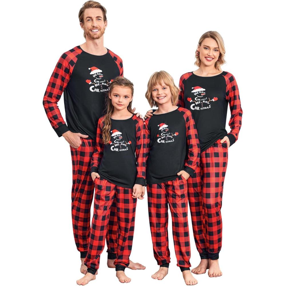 imageEkouaer Christmas Pajamas for Family Long Sleeve Pjs Matching Sets with Plaid Pants Soft Sleepwear LoungewearAred Black Plaid