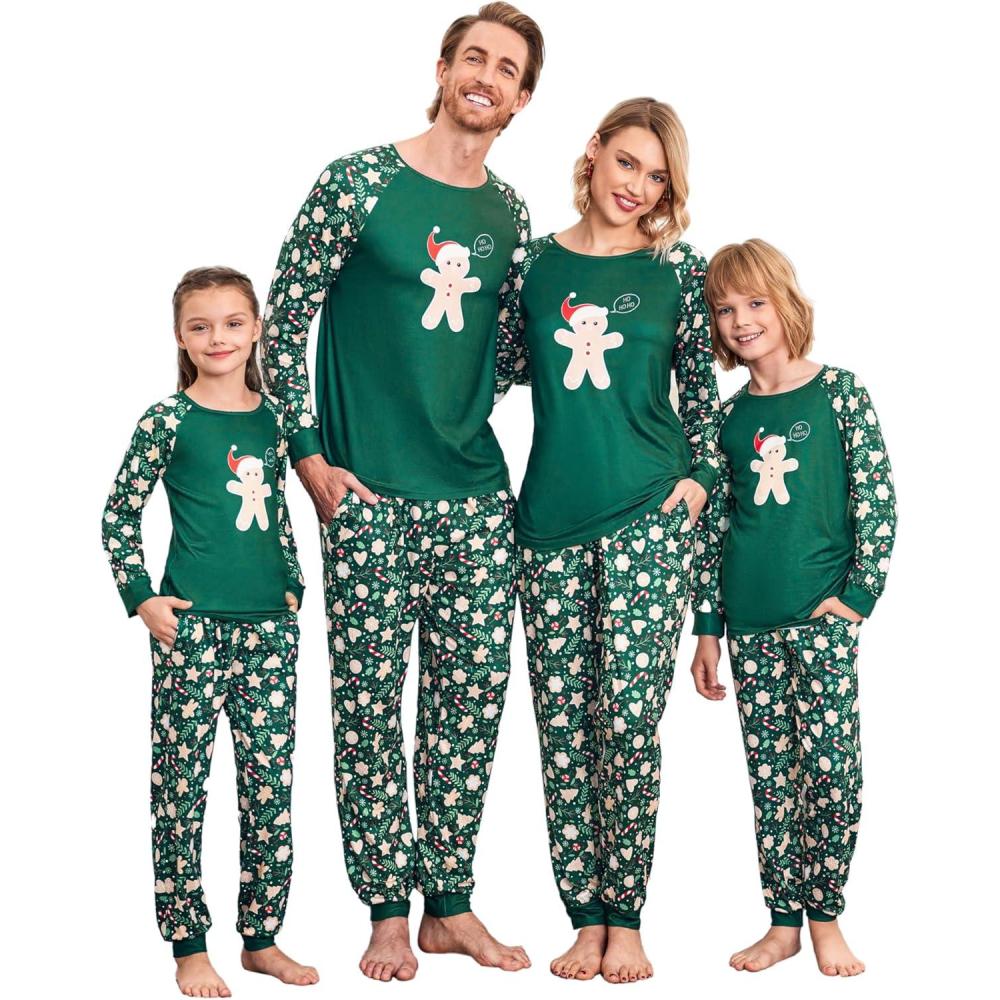 imageEkouaer Christmas Pajamas for Family Long Sleeve Pjs Matching Sets with Plaid Pants Soft Sleepwear LoungewearDark Green Gingerbread
