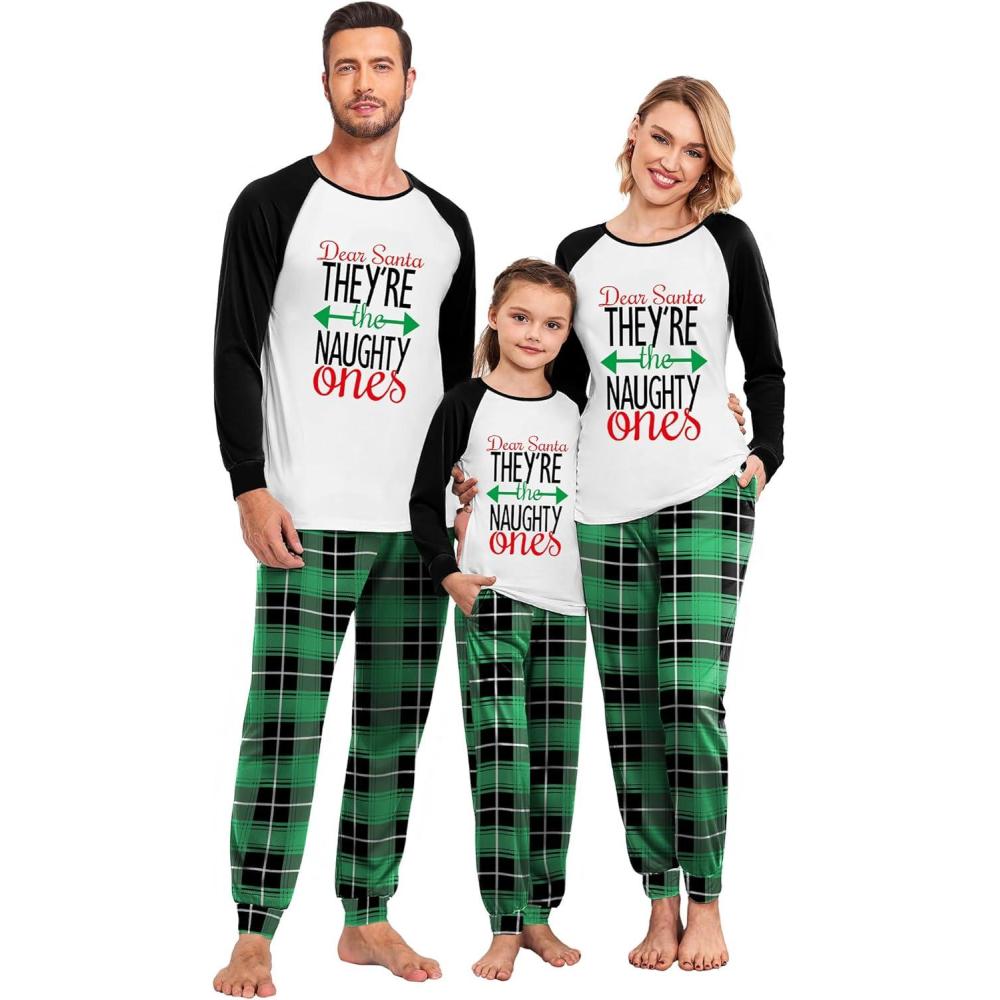 imageEkouaer Christmas Pajamas for Family Long Sleeve Pjs Matching Sets with Plaid Pants Soft Sleepwear LoungewearGreen Letter