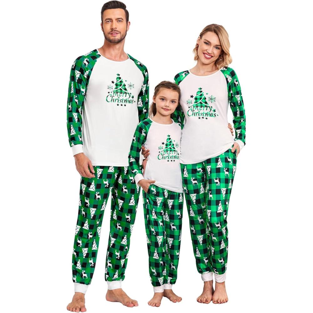 imageEkouaer Christmas Pajamas for Family Long Sleeve Pjs Matching Sets with Plaid Pants Soft Sleepwear LoungewearGreen Plaid