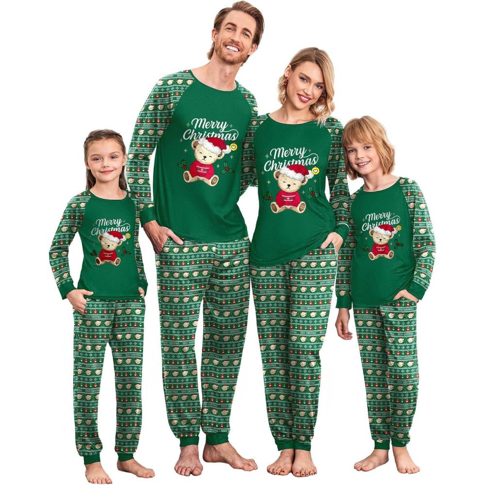 imageEkouaer Christmas Pajamas for Family Long Sleeve Pjs Matching Sets with Plaid Pants Soft Sleepwear LoungewearGreen Teddy Bear