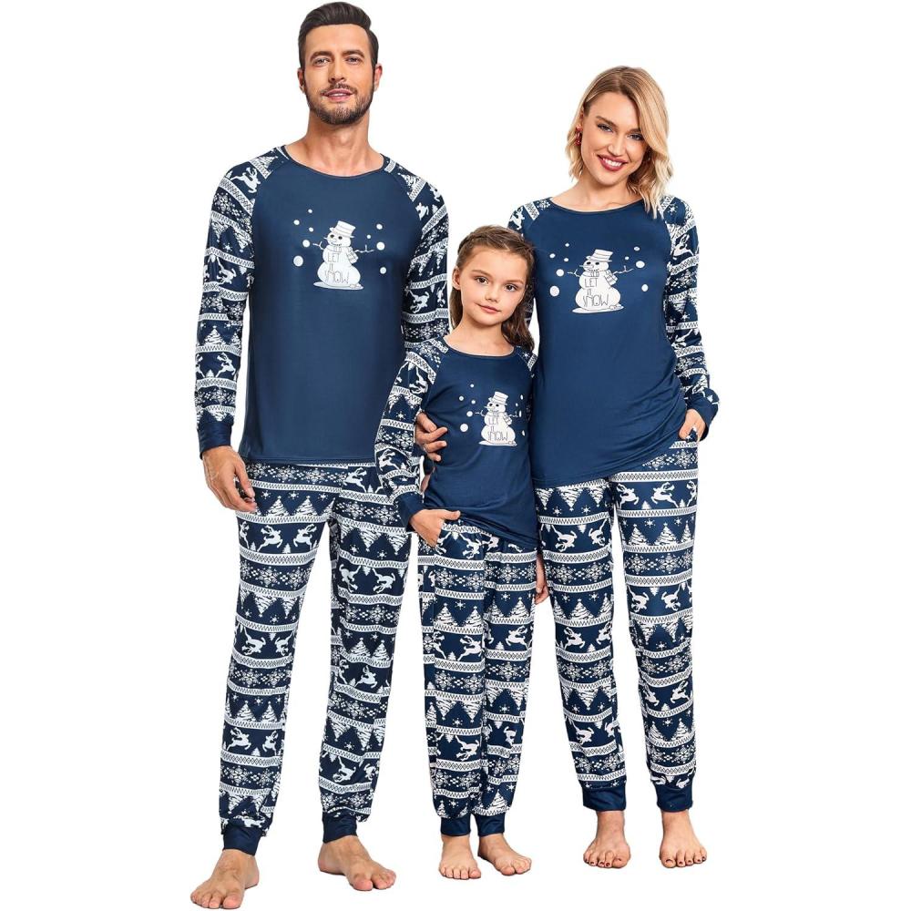 imageEkouaer Christmas Pajamas for Family Long Sleeve Pjs Matching Sets with Plaid Pants Soft Sleepwear LoungewearNavy Blue Snowman