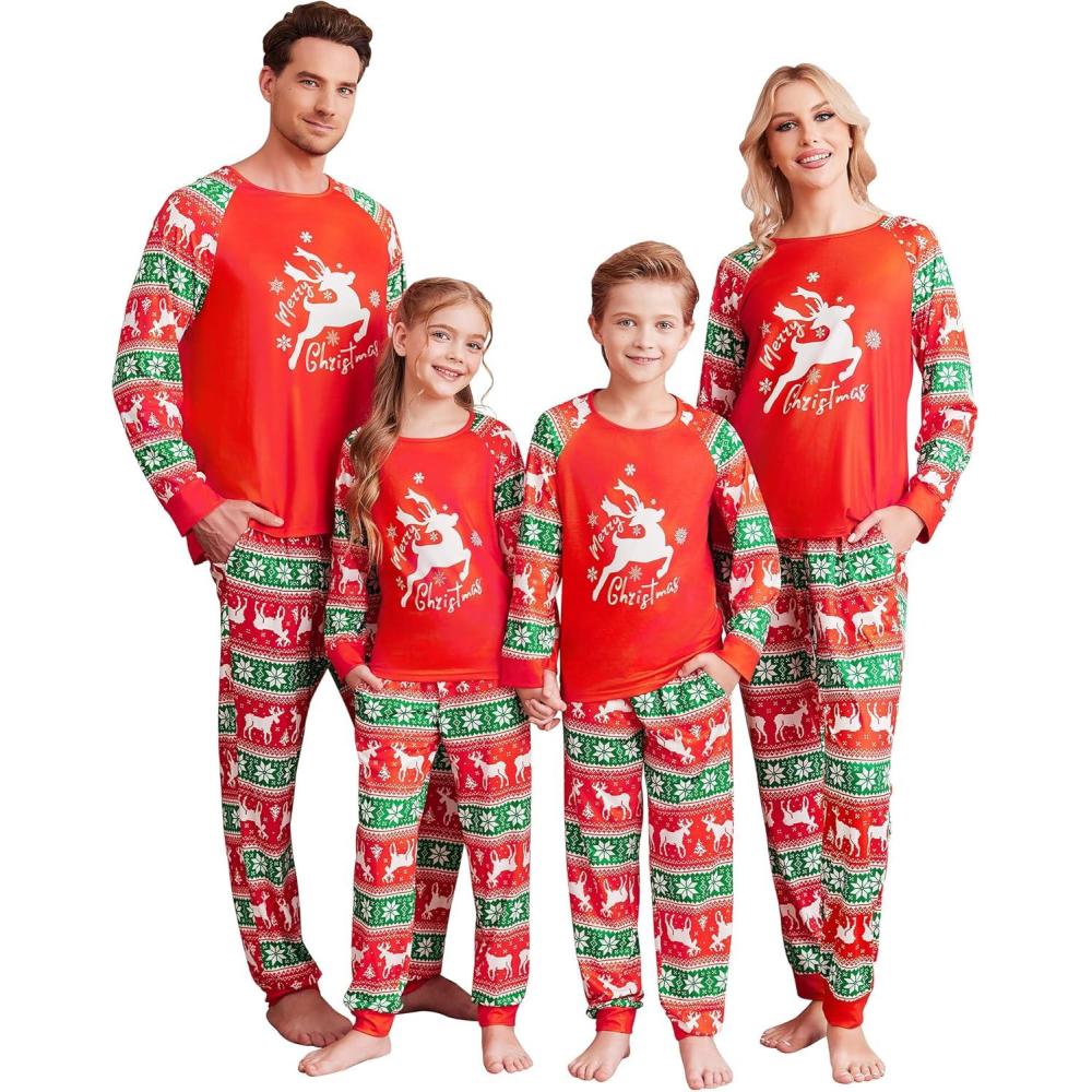 imageEkouaer Christmas Pajamas for Family Long Sleeve Pjs Matching Sets with Plaid Pants Soft Sleepwear LoungewearRed Christmas Elk