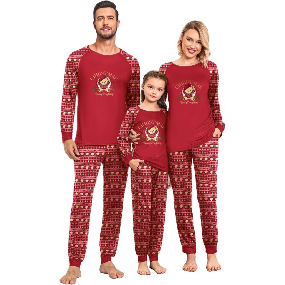 imageEkouaer Christmas Pajamas for Family Long Sleeve Pjs Matching Sets with Plaid Pants Soft Sleepwear LoungewearRed Teddy Bear