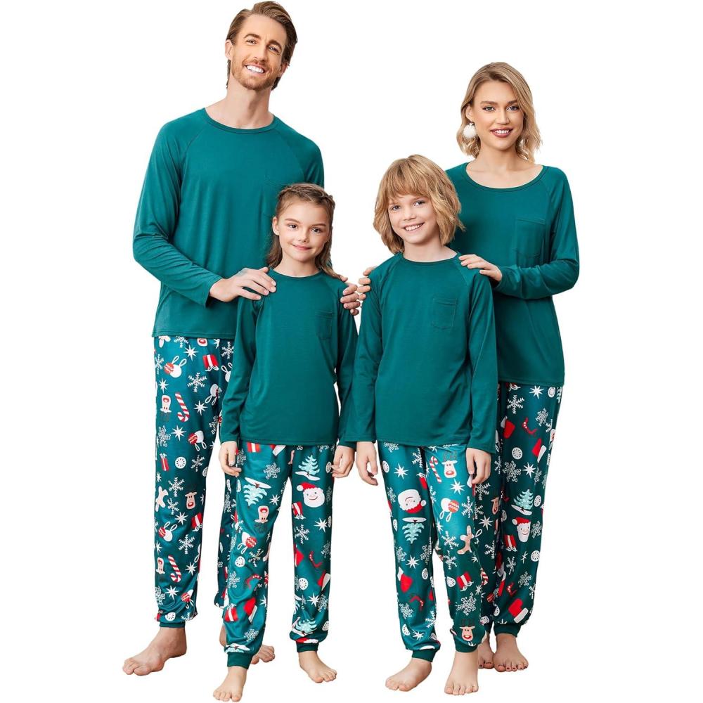 imageEkouaer Family Matching Pajamas Christmas Sleepwear Long Sleeve Sleep Shirt with Plaid Pants Soft Loungewear Pjs Set SXXLChristmas Green Print