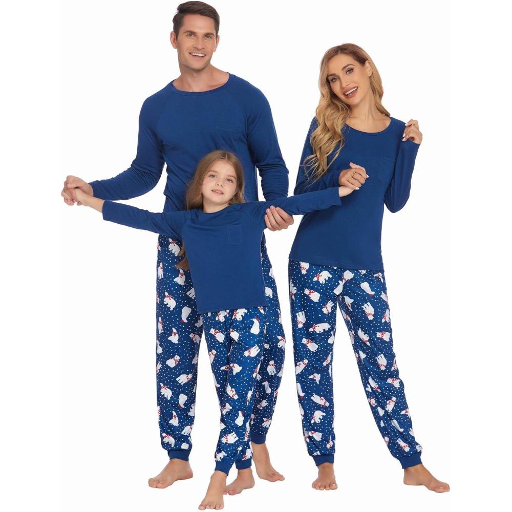 imageEkouaer Family Matching Pajamas Christmas Sleepwear Long Sleeve Sleep Shirt with Plaid Pants Soft Loungewear Pjs Set SXXLChristmas Navy With Polar Bear