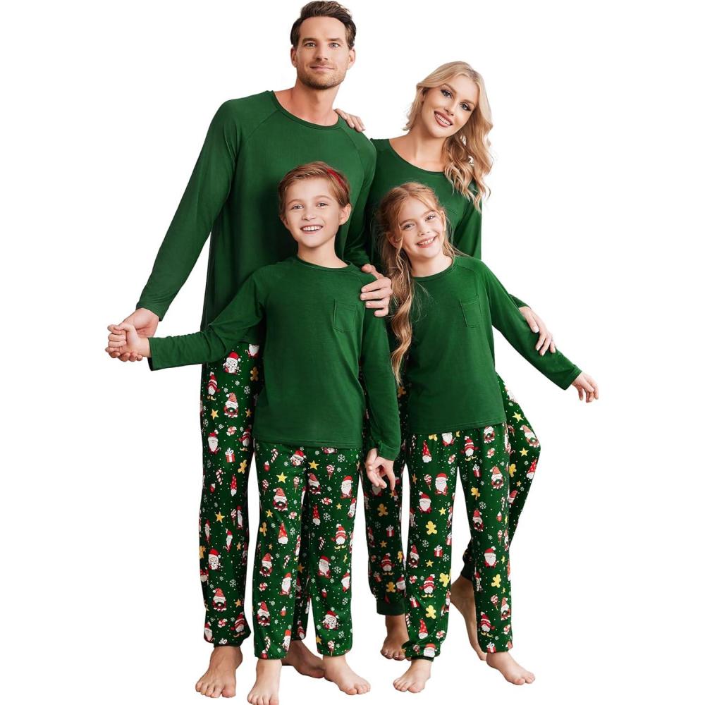 imageEkouaer Family Matching Pajamas Christmas Sleepwear Long Sleeve Sleep Shirt with Plaid Pants Soft Loungewear Pjs Set SXXLGreen Santa Claus