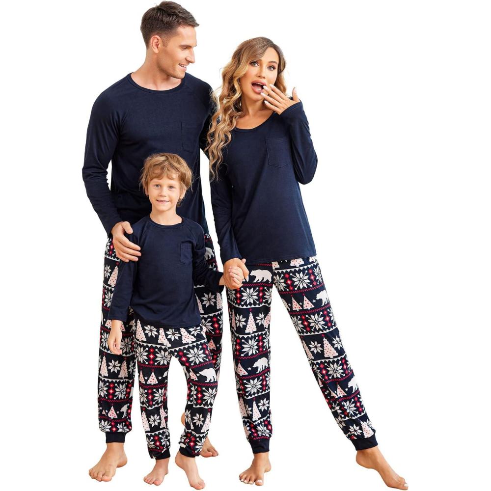 imageEkouaer Family Matching Pajamas Christmas Sleepwear Long Sleeve Sleep Shirt with Plaid Pants Soft Loungewear Pjs Set SXXLNavy and Polar Bear