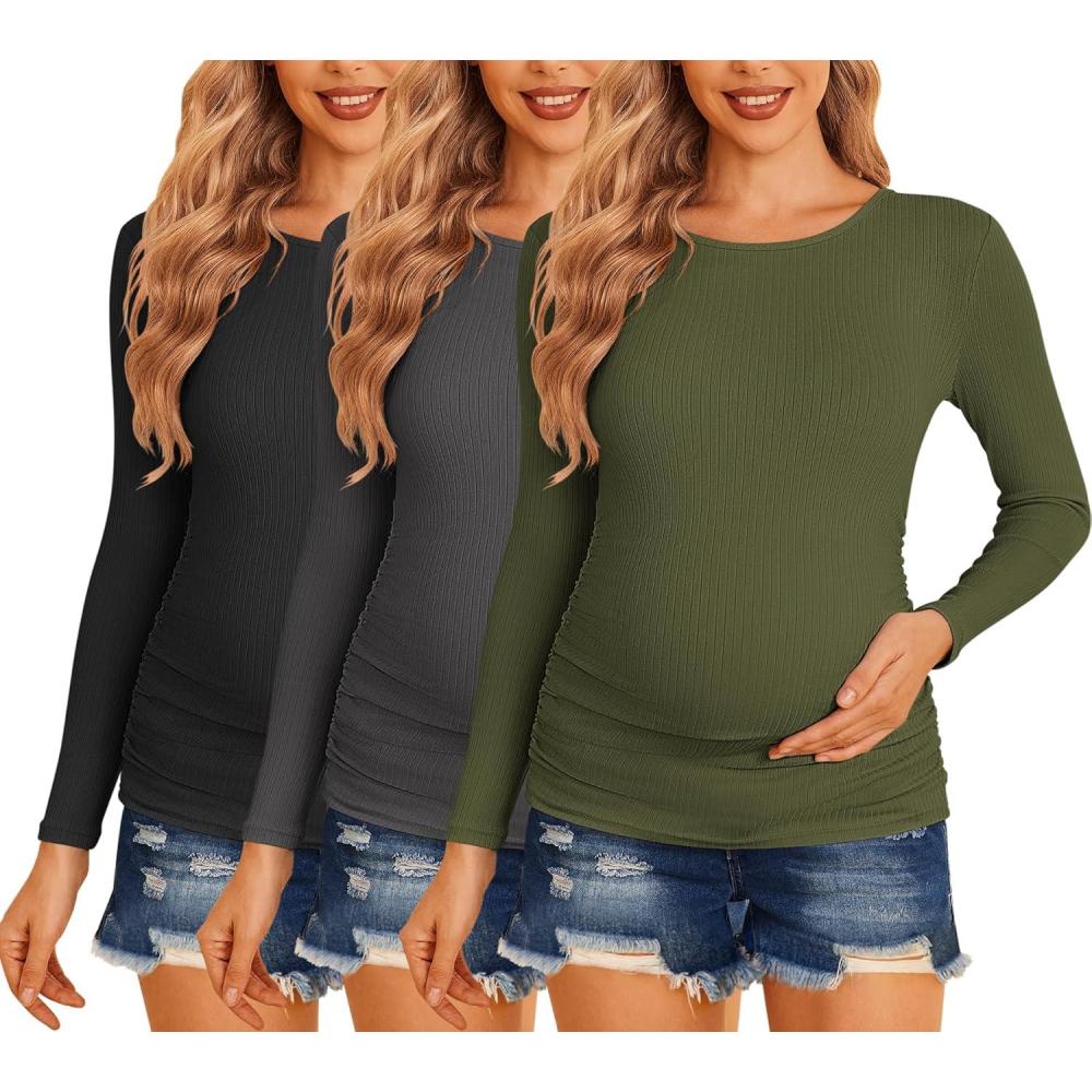 imageEkouaer Maternity Shirts 3 Packs Women Long Sleeve Pregnancy Tee Tops Tunic Blouse Ribbed Side Ruched Mama Clothes SXXLBlackArmy GreenDark Grey