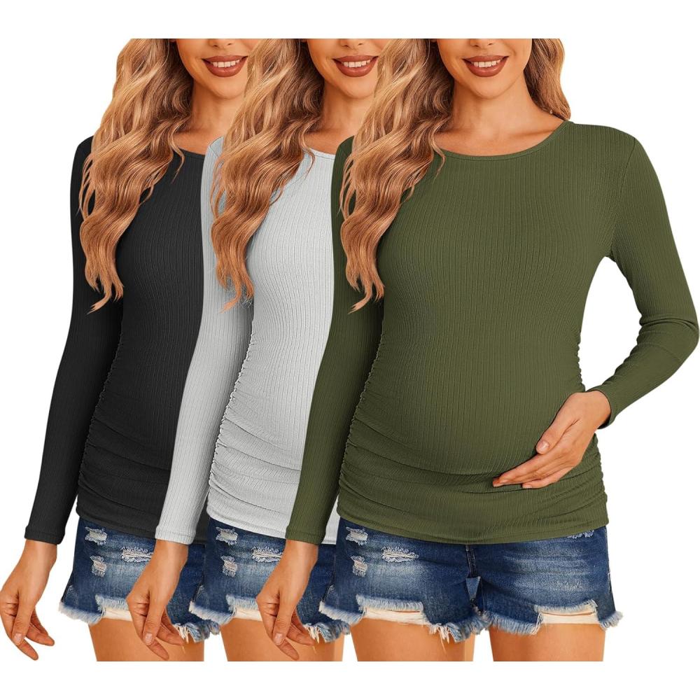 imageEkouaer Maternity Shirts 3 Packs Women Long Sleeve Pregnancy Tee Tops Tunic Blouse Ribbed Side Ruched Mama Clothes SXXLBlackArmy GreenGrey