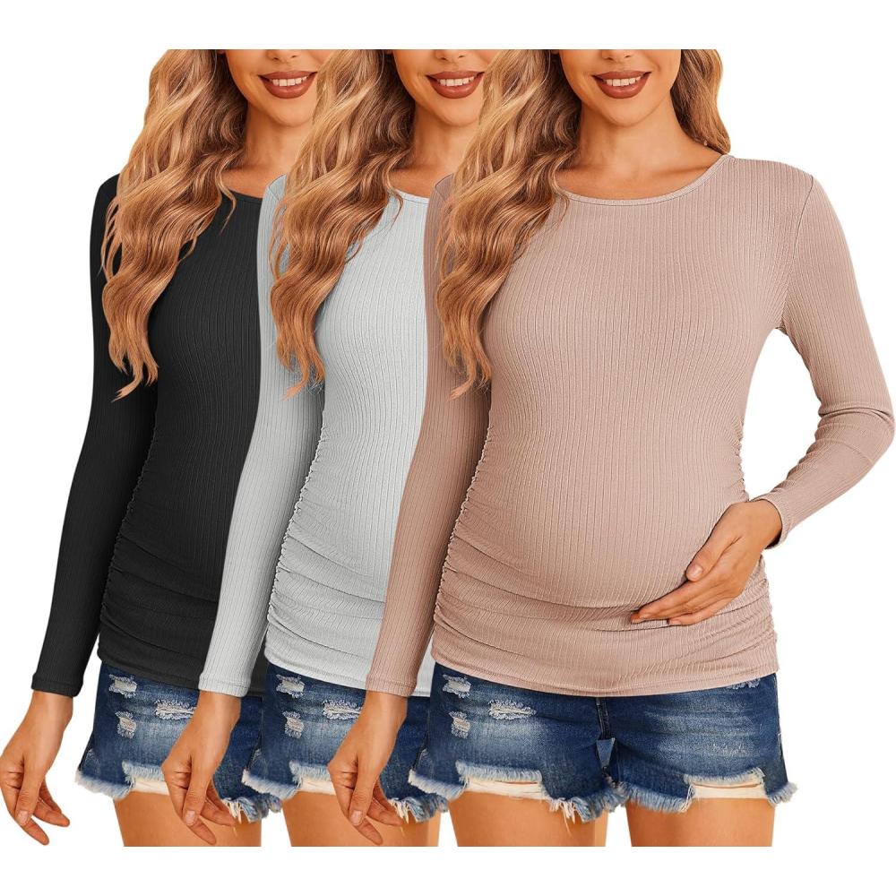 imageEkouaer Maternity Shirts 3 Packs Women Long Sleeve Pregnancy Tee Tops Tunic Blouse Ribbed Side Ruched Mama Clothes SXXLBlackDirty PinkGrey