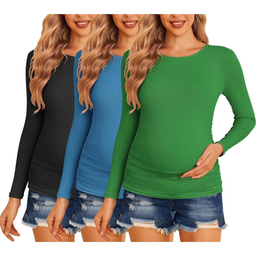 imageEkouaer Maternity Shirts 3 Packs Women Long Sleeve Pregnancy Tee Tops Tunic Blouse Ribbed Side Ruched Mama Clothes SXXLBlackGreenTeal
