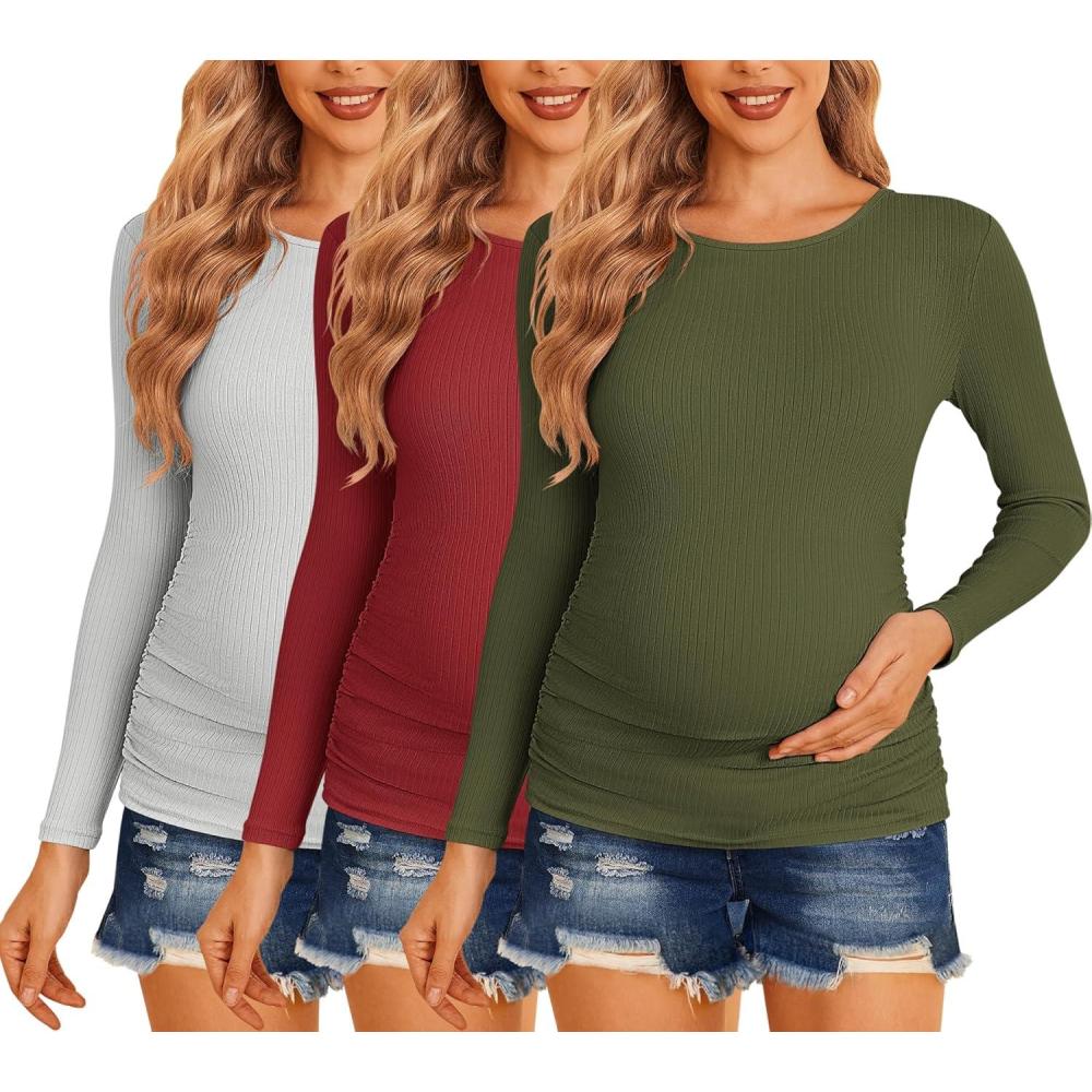 imageEkouaer Maternity Shirts 3 Packs Women Long Sleeve Pregnancy Tee Tops Tunic Blouse Ribbed Side Ruched Mama Clothes SXXLGreyRedArmy Green