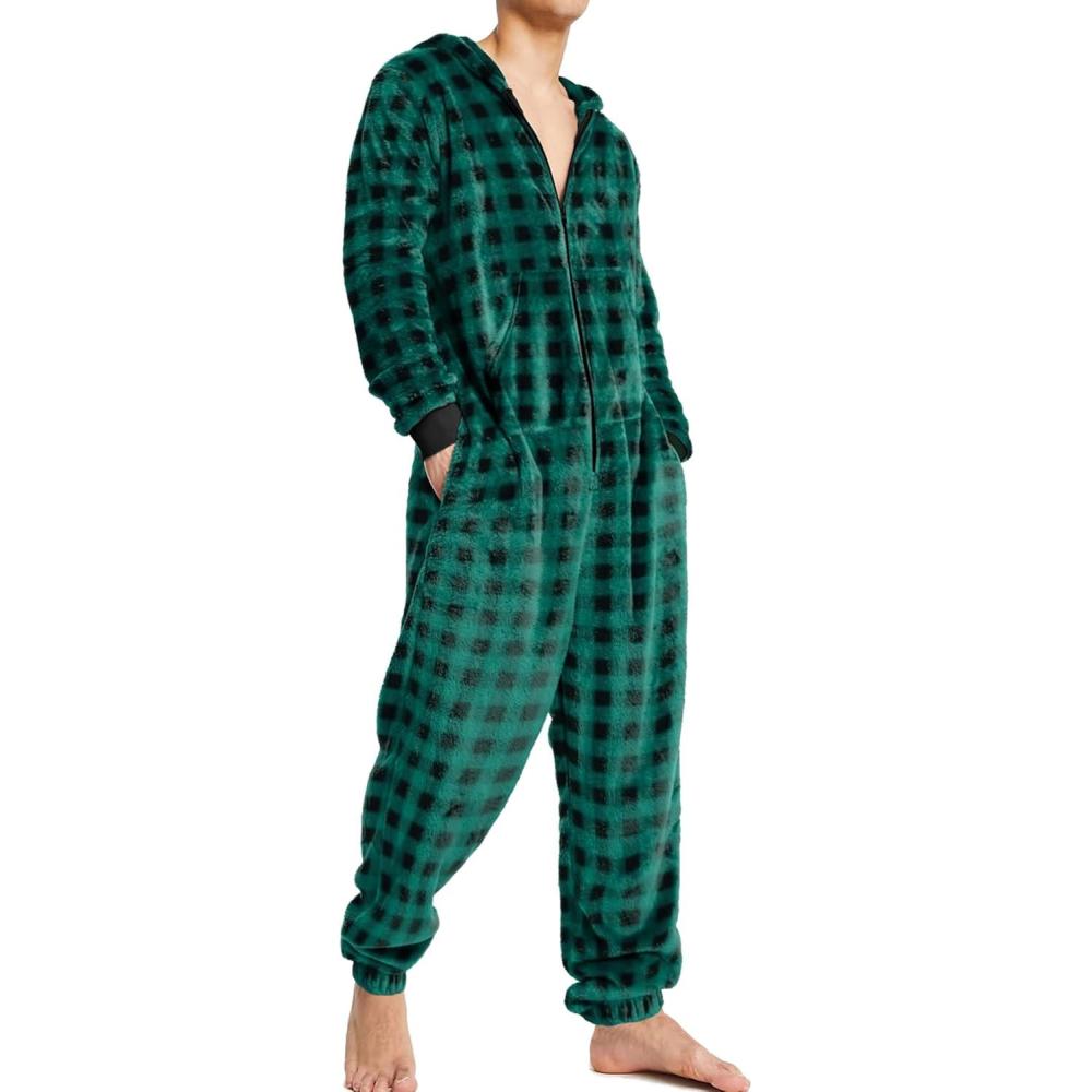 imageEkouaer Mens Onesie Christmas Hoodie Fleece One Piece Pajamas Zipper Up Flannel Adult Pjs SXXLGreen Plaid