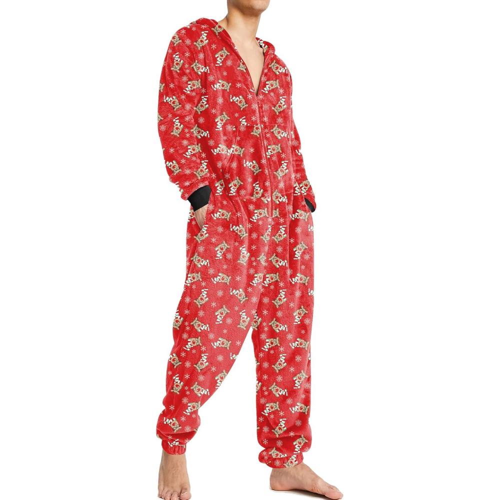 imageEkouaer Mens Onesie Christmas Hoodie Fleece One Piece Pajamas Zipper Up Flannel Adult Pjs SXXLReindeer Red