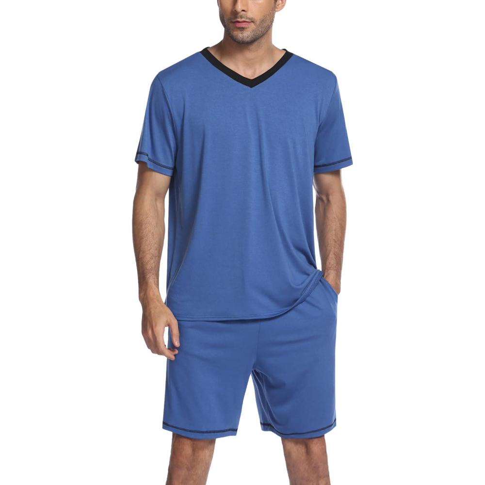 imageEkouaer Mens Pajama Set Short Sleeve V Neck 2 Piece Nightwear Shorts With Pockets Summer Sleepwear PJS for MenBlue