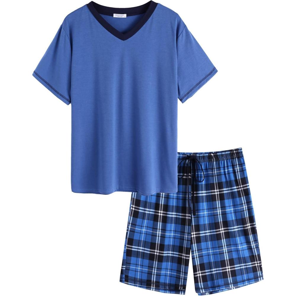 imageEkouaer Mens Pajama Set Short Sleeve V Neck 2 Piece Nightwear Shorts With Pockets Summer Sleepwear PJS for MenNavy Bluenavy Plaid