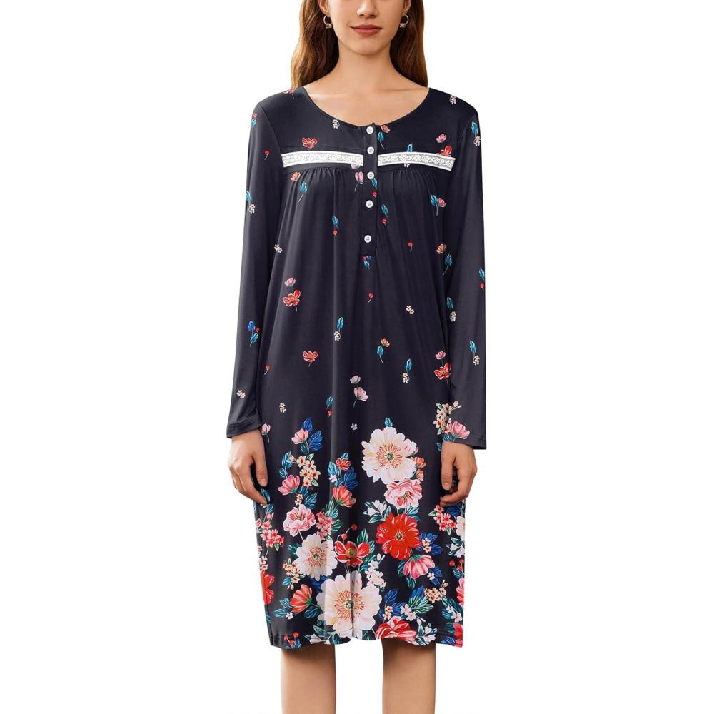 imageEkouaer Nightgowns for Women Long Sleeve Sleepshirt Button Nightshirt Floral Sleepwear Night Dress with Pockets SXXXLBlack Floral