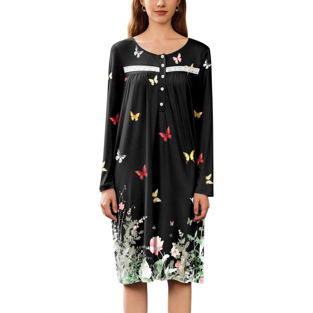 imageEkouaer Nightgowns for Women Long Sleeve Sleepshirt Button Nightshirt Floral Sleepwear Night Dress with Pockets SXXXLBlack Leaf Butterfly