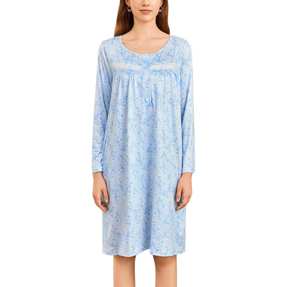 imageEkouaer Nightgowns for Women Long Sleeve Sleepshirt Button Nightshirt Floral Sleepwear Night Dress with Pockets SXXXLBlue Floral