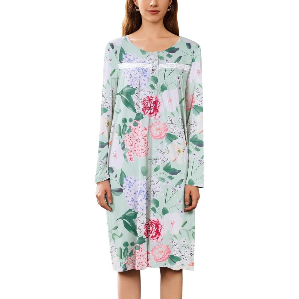 imageEkouaer Nightgowns for Women Long Sleeve Sleepshirt Button Nightshirt Floral Sleepwear Night Dress with Pockets SXXXLGreen Floral